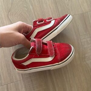 Kids Red Velcro suede Canvas Vans with White Stripe